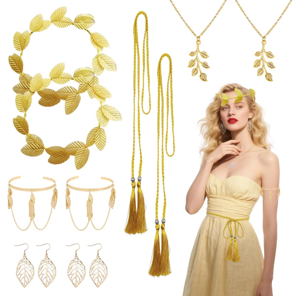 FUIPVGI 10 Pezzi Dea Greca Costume Accessori Set, Corona Alloro Corona di Foglie Romane, Accessori Dea Greca Donna Bambina Romano Alloro Foglie Corona Tiara Set, per Feste di Matrimonio (Oro)