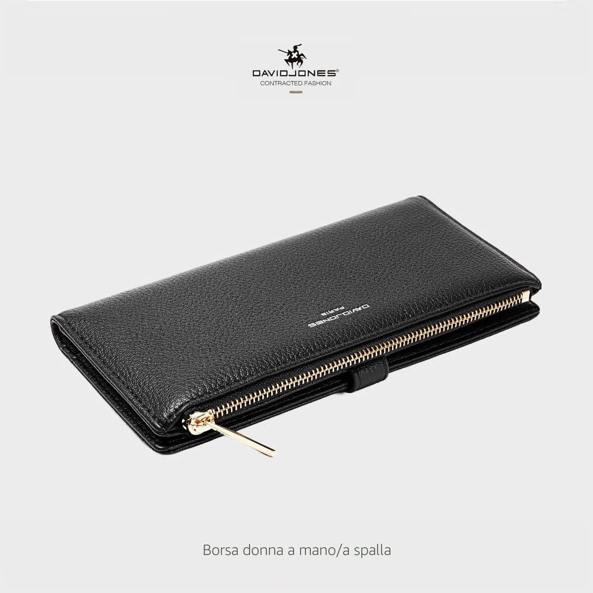 David Jones - Portafoglio Donna Compatto Simil Pelle PU - Porta Carte Lungo Portamonete Elegante - Scomparti per Banconote e Monete - Nero