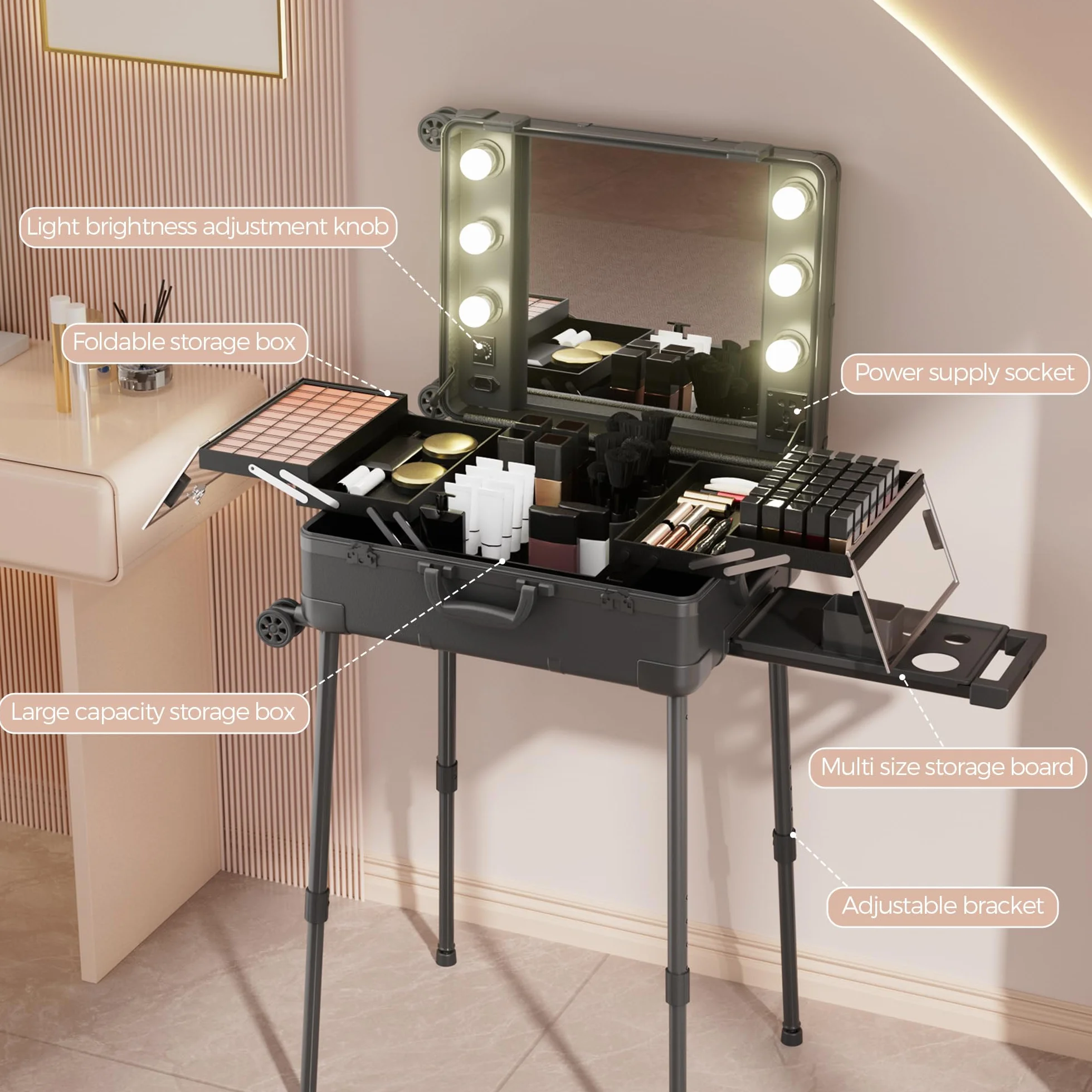 Valigia per il trucco con ruote in alluminio, grande specchio con 6 lampadine, organizzazione di cosmetici con serratura a codice, stazione per trousse trucco pieghevole per viaggio e studio
