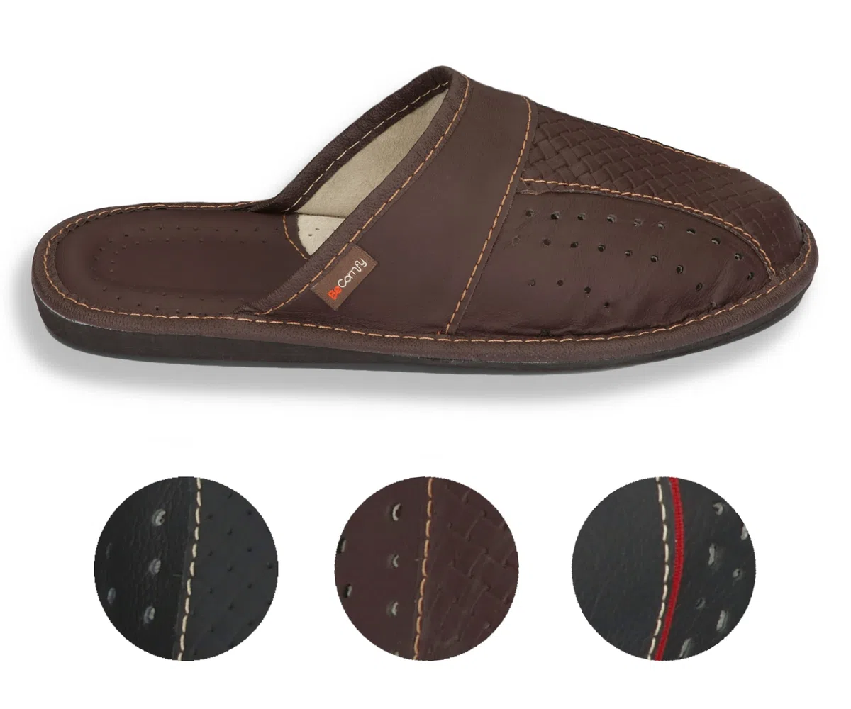 BeComfy Pantofole da Uomo Ciabatte in Pelle Naturale Scarpe da Casa Nero Marrone Rosso 40-50 EU