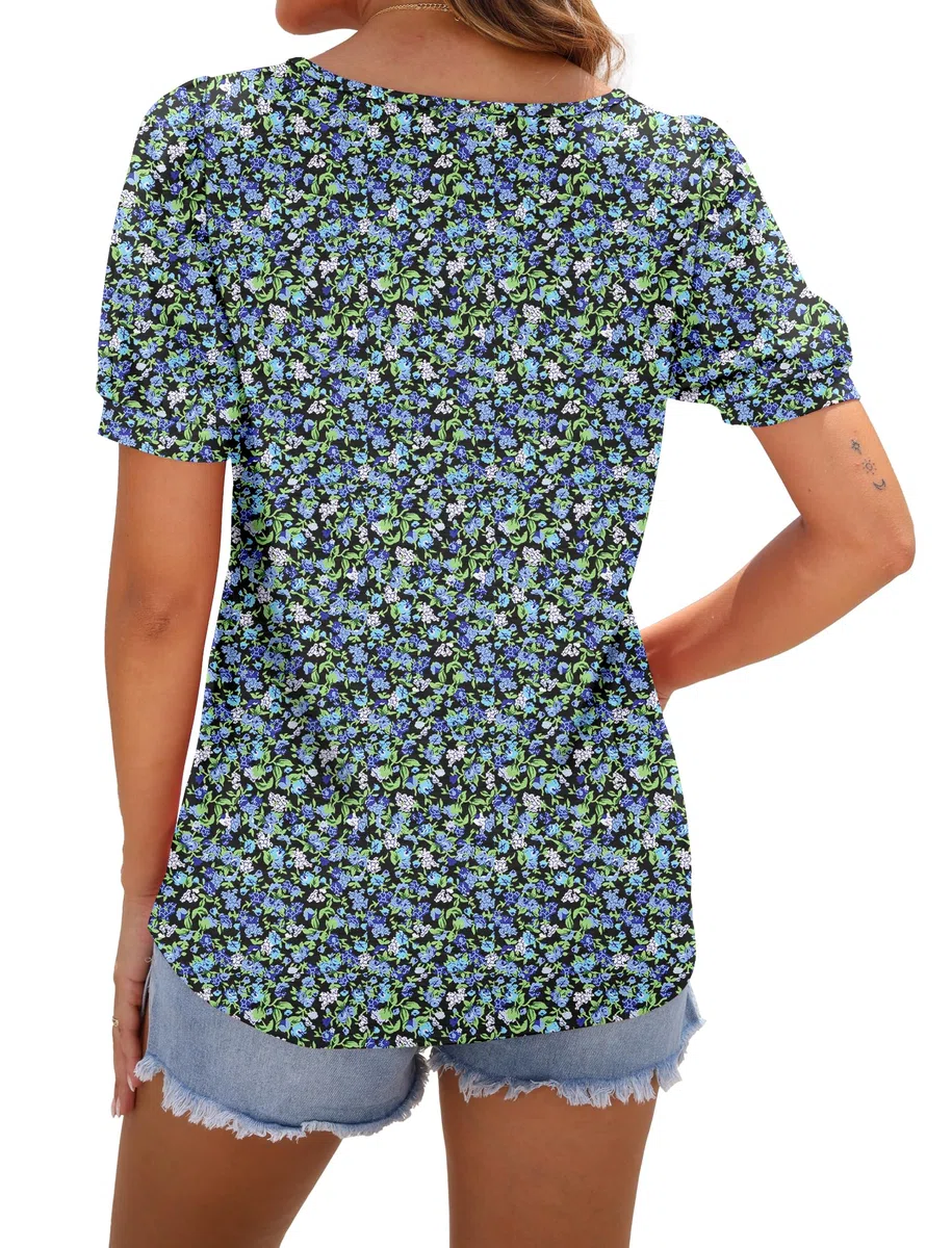 WNEEDU T Shirt Donna Collo Quadrato Magliette Donna Manica Corta a Sbuffo Estive Top Camicia Elegante Plissettata Fluide Tunica Blusa