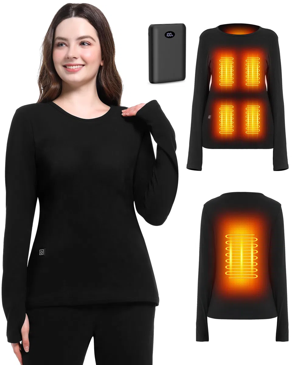 FERNIDA Maglia termica da donna, riscaldata, a maniche lunghe, con batteria da 10000 mAh, con strato termico, per jogging, sci, ciclismo, pesca, moto