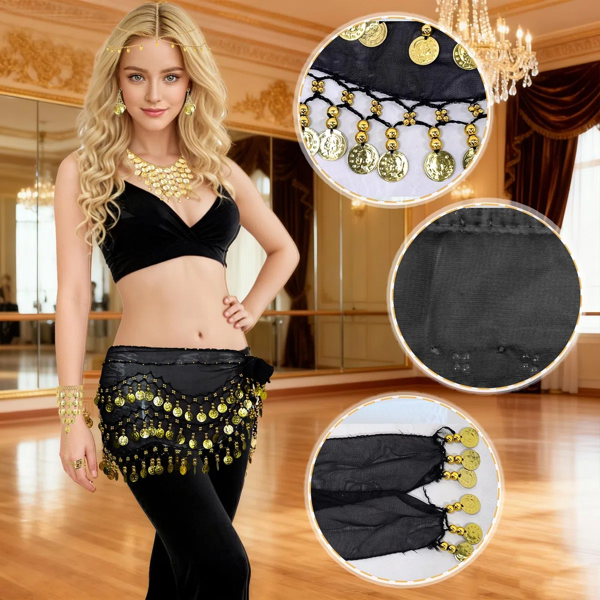 Baisdan 7 Pezzi Cintura di Danza del Ventre Donna Set, con Monete d'oro Orecchini, Collana, Braccialetti, Copricapo, Sciarpa Danza del Ventre per Halloween, Carnevale, Spettacoli