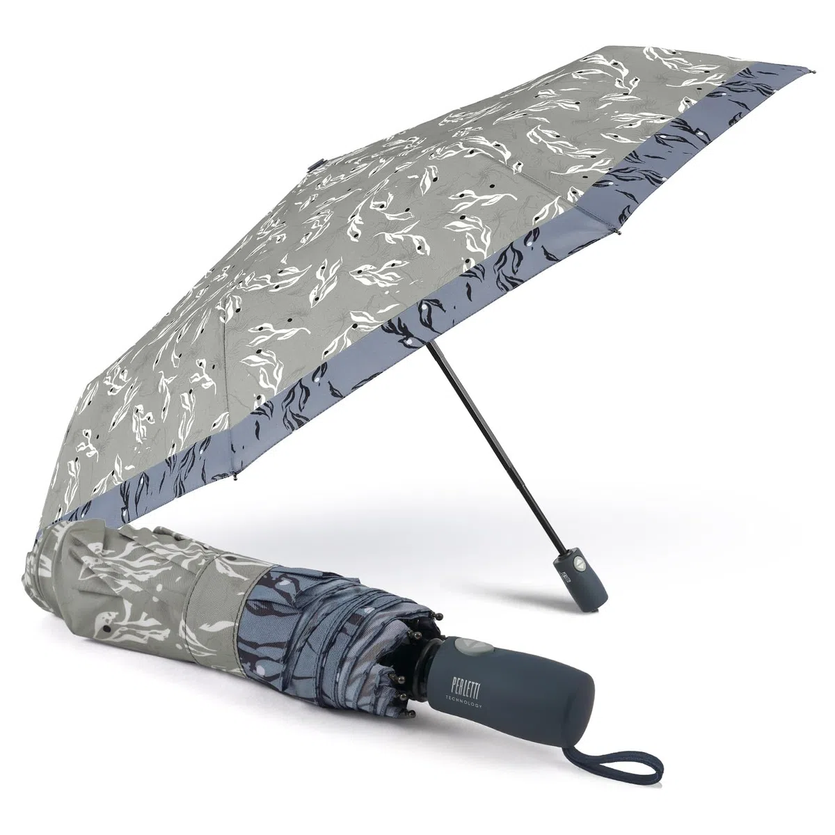 PERLETTI Ombrello Pieghevole Antivento Donna con Fiori - Ombrello Compatto da Borsa Resistente Apri Chiudi Automatico - Ombrellino Ragazza da Viaggio Robusto - Diametro 98 cm (Grigio Bordo Blu)