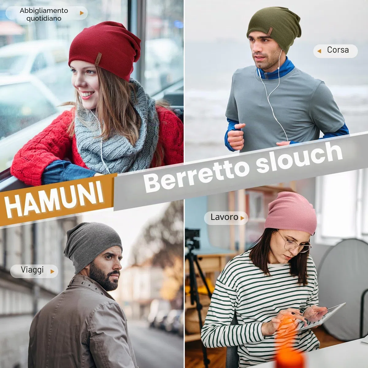 HAMUNI Berretto da donna Slouch, berretto da uomo, elastico, morbido, comodo, in jersey, classico, alla moda, perfetto per primavera, autunno e inverno