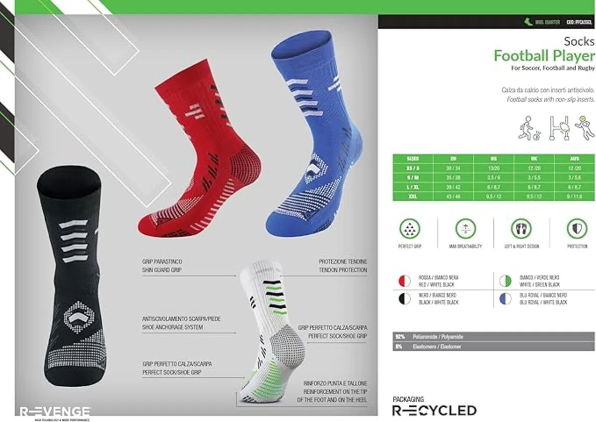 R-EVENGE Kit 4 Calze Tecniche da Calcio con inserti antiscivolo e protezione per tibia e tendine.