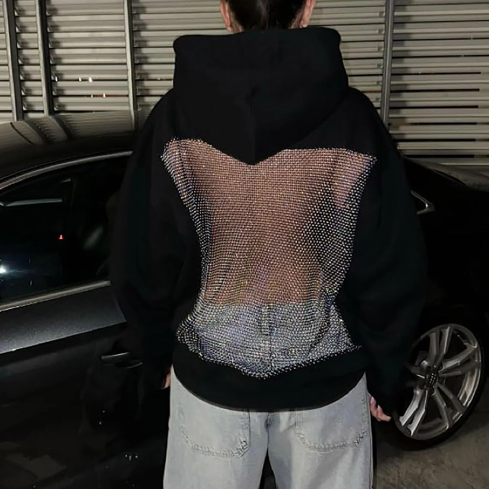 Felpa Con Cappuccio Da Donna Con Dettaglio Posteriore In Rete, Pullover A Maniche Lunghe Con Fascia Integrata, Felpe Con Cappuccio Da Donna, Sexy, Trasparente, Con Dettagli Sulla Schiena Scintillanti