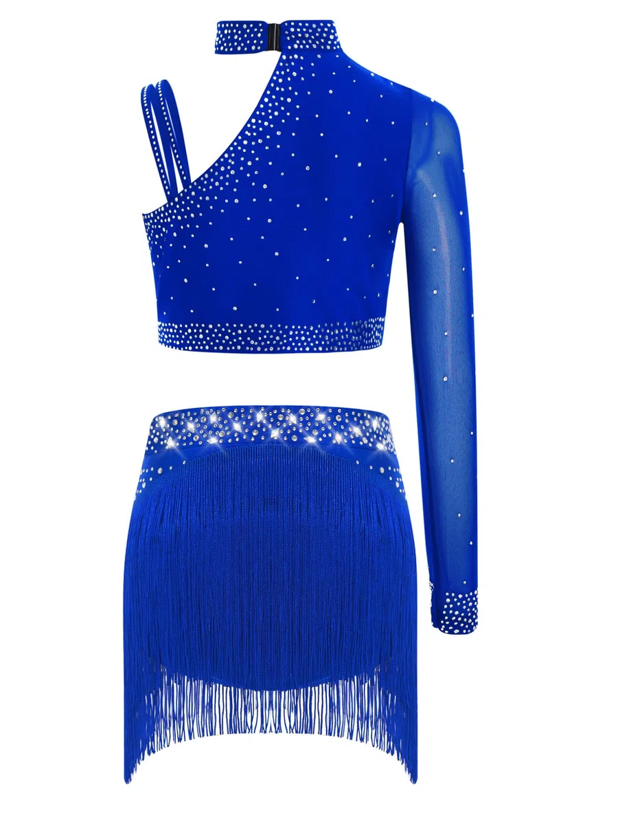 JEATHA Ragazza Abito da Ballo Latino Monospalla 2 Pezzi Top Corto con Strass e Gonna Irregolaro con Frange Vestito da Danza Classica Standard Salsa Samba