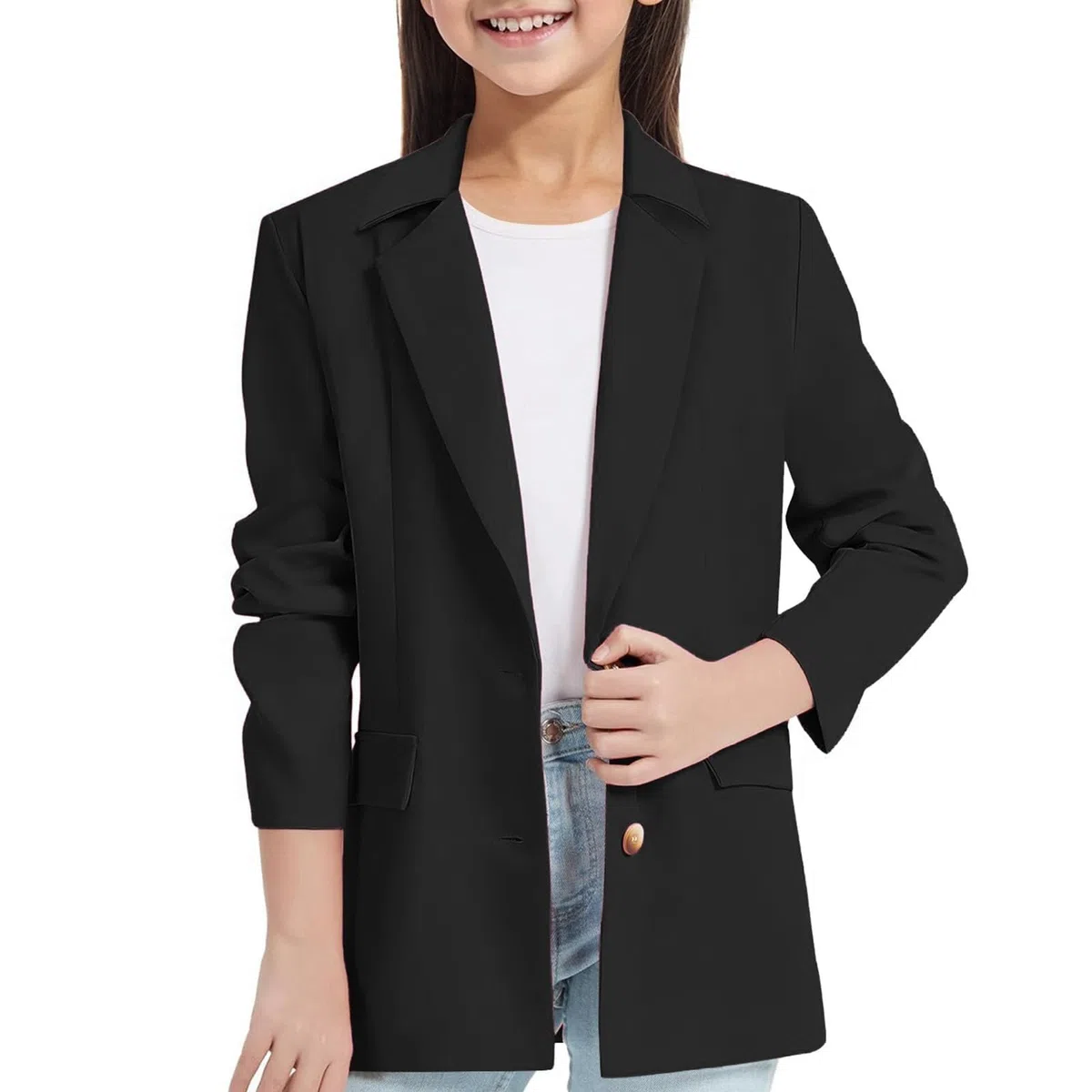 Blazer Bambina Elegante Giacca da Abito Maniche Lunghe Collo a Risvolto con Tasca Interna Aperto Davanti e Casual Lavoro Ufficio Open Front Giacca Primavera Caso Giubbotto Formale Aperto per 3-14 Anni