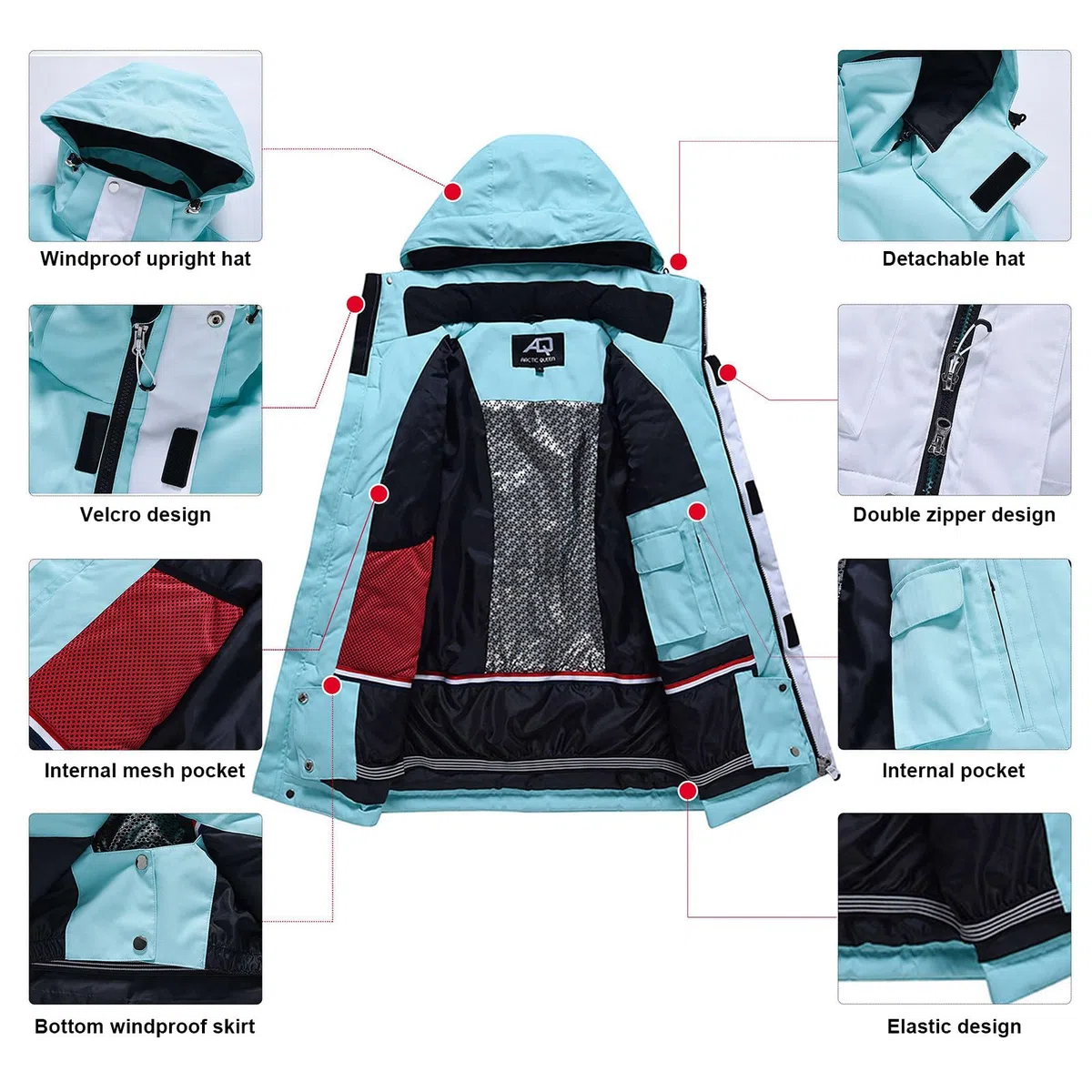 ALSOGO Giacca da sci da donna e pantaloni da sci, tuta da sci, 2 pezzi, tuta da neve, impermeabile, calda giacca invernale con cappuccio rimovibile, per sci, snowboard, pantaloni da neve