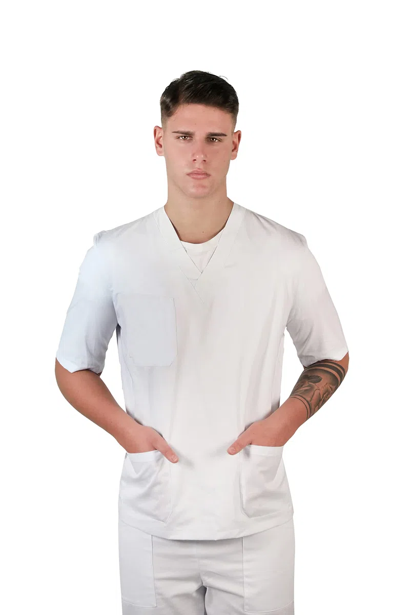TCD Divisa completa Bianca OSPEDALIERA, OSS, ASA, ESTETISTA Infermiere, Medico, Sanitario, Laboratorio Scollo A V, Unisex
