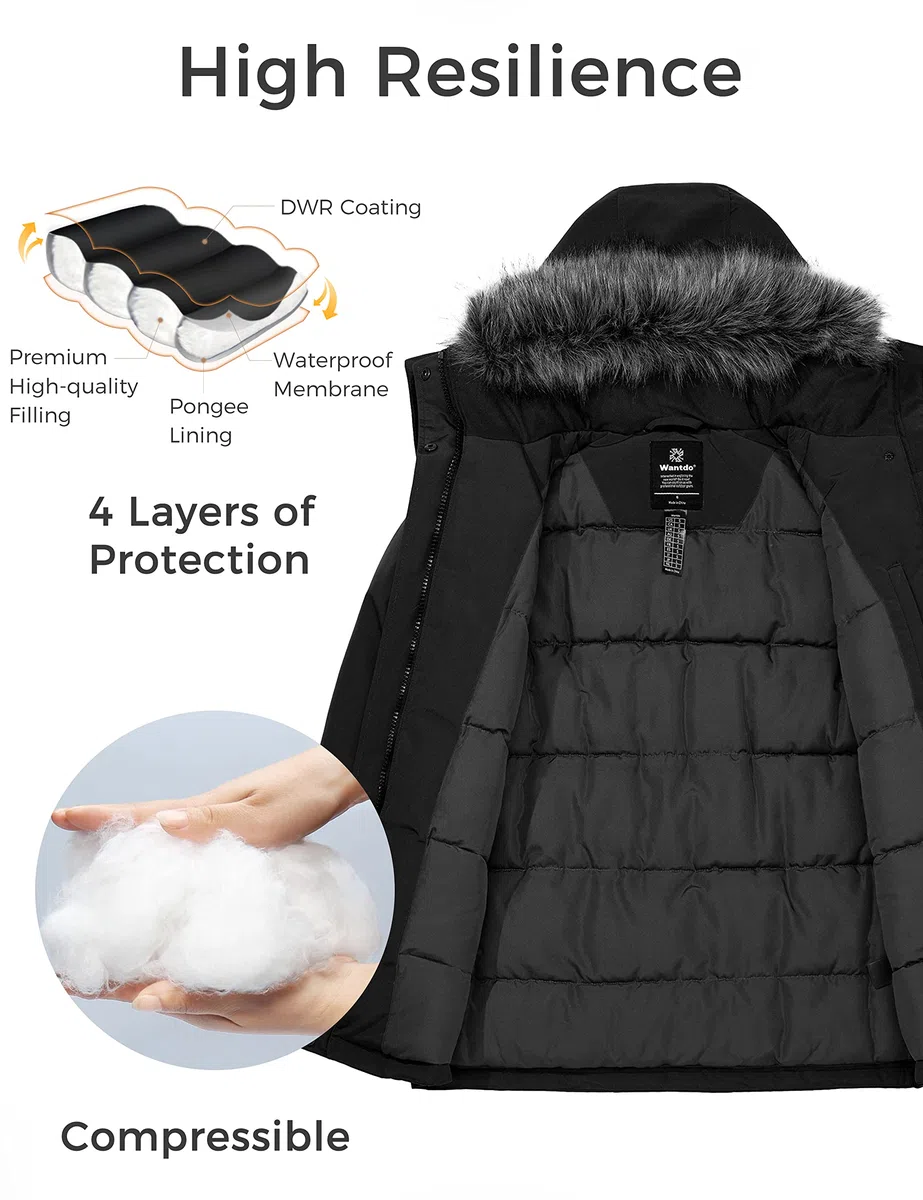 Wantdo Giacca Invernale Imbottita Calda Parka con Pelliccia Sintetica Esterno Giaccone da Lavoro Antivento Giacca Pesante Donna