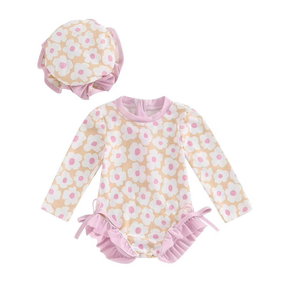 Carolilly - Costume intero per neonata e bambina, con stampa floreale, con cappello a maniche lunghe anti-UV (6 mesi a 3 anni)