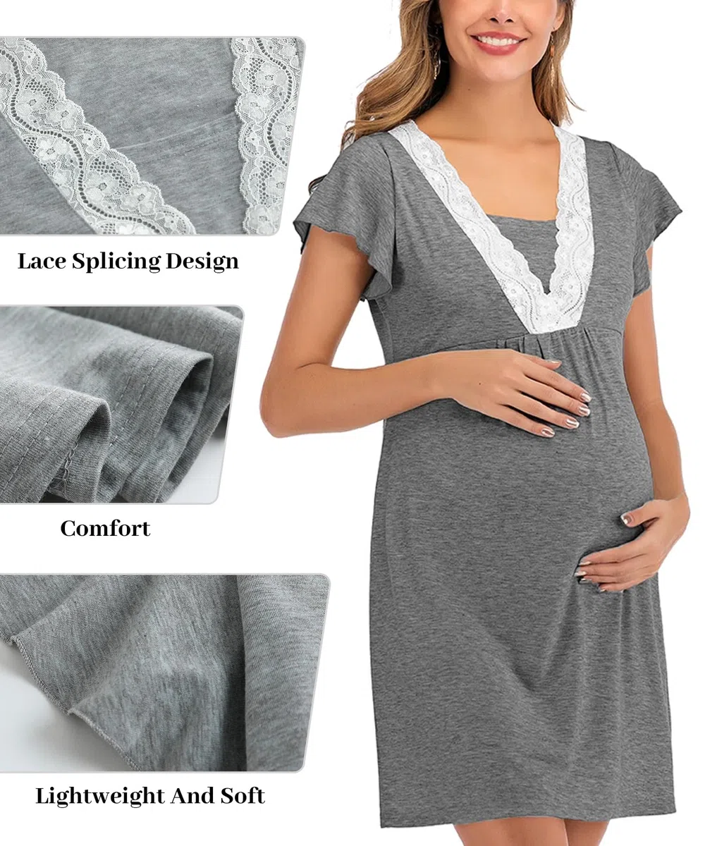 SHEKINI Camicia da Notte Premaman Donna Manica Corta Abbigliamento maternità Confortevole per Il Post Parto
