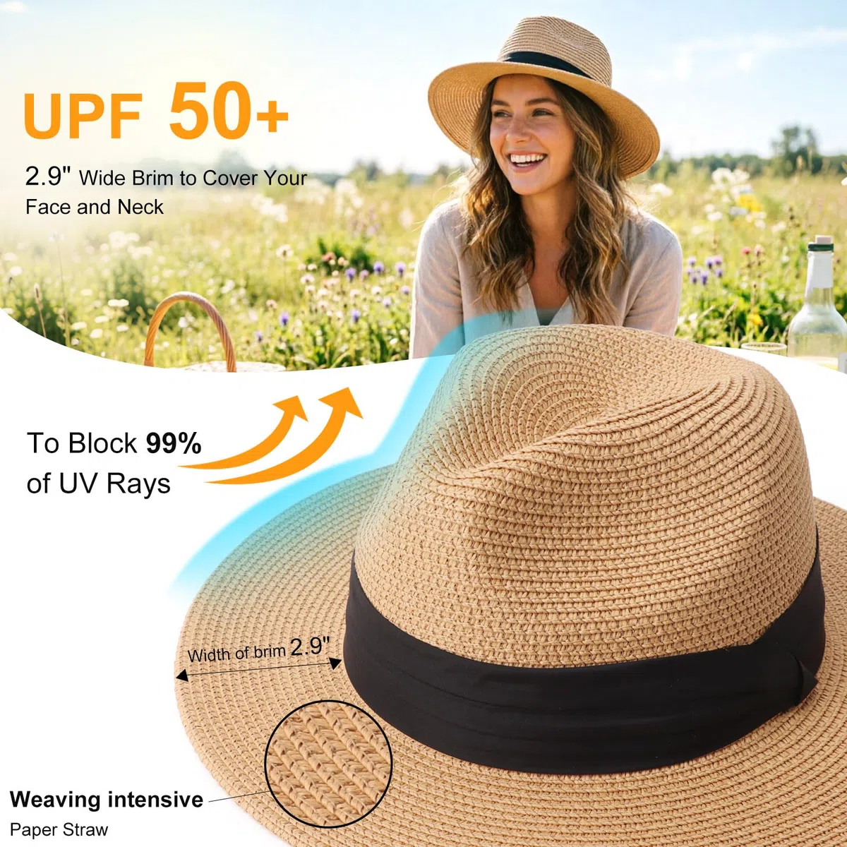 DRESHOW Donna Cappello Panama Cappello da Spiaggia in Paglia Fedora Cappello Arrotolato in Paglia a Tesa Larga Cappelli Panama UPF 50+
