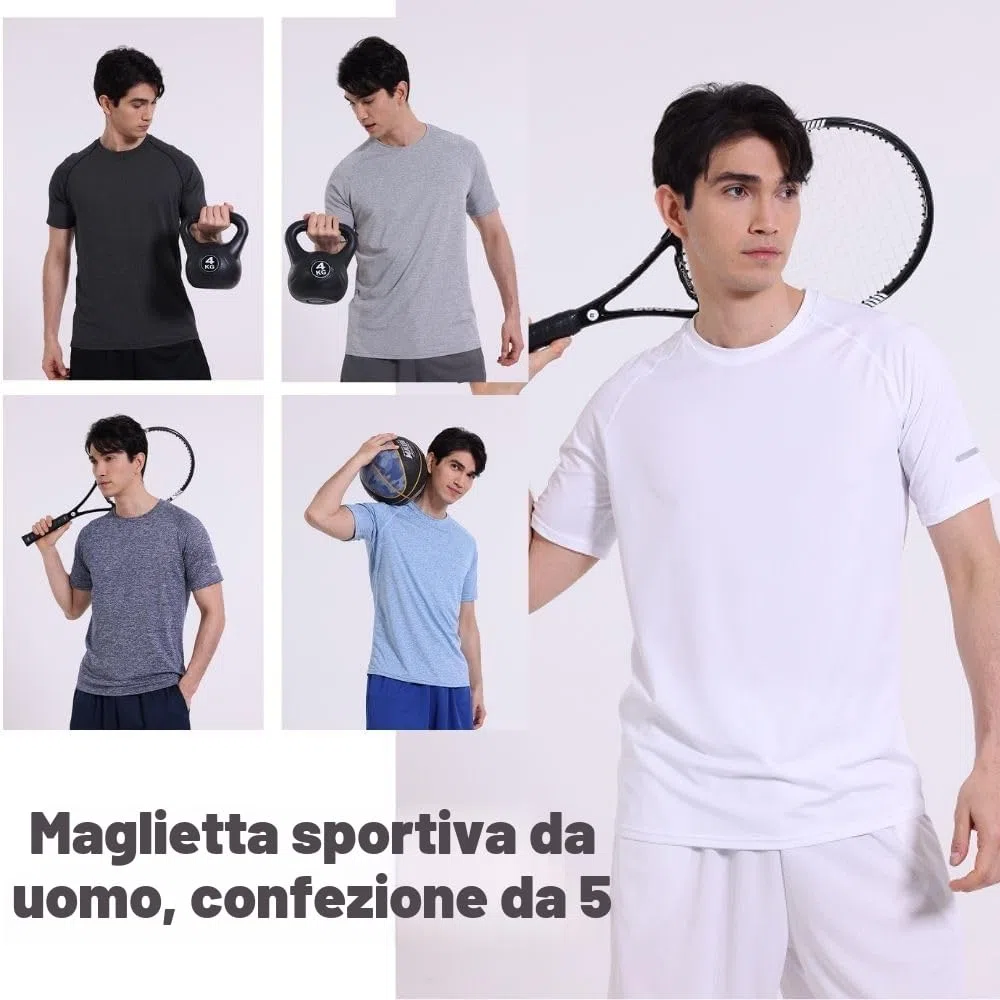 Confezione da 5 magliette sportive da uomo a girocollo, traspiranti e a maniche corte, per palestra, allenamenti, corsa