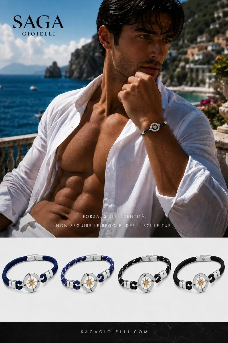 SAGA GIOIELLI® Bracciale Uomo Rosa Dei Venti Moda Nautica Acciaio