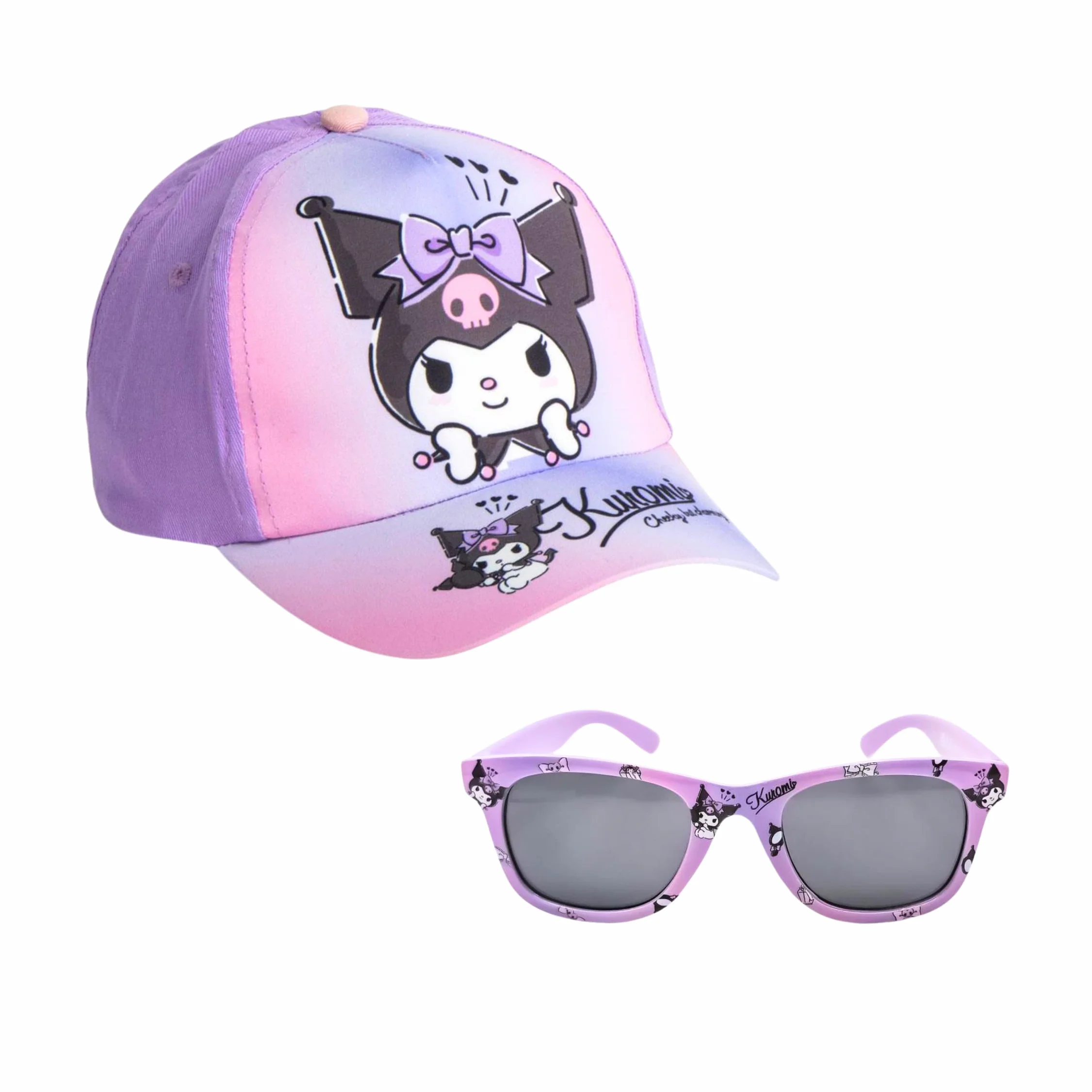 Hello Kitty Kuromi Set da Cappello da Baseball e Occhiali da Sole per Ragazze, Occhiali da Sole con Protezione UV, Berretto per Bambine