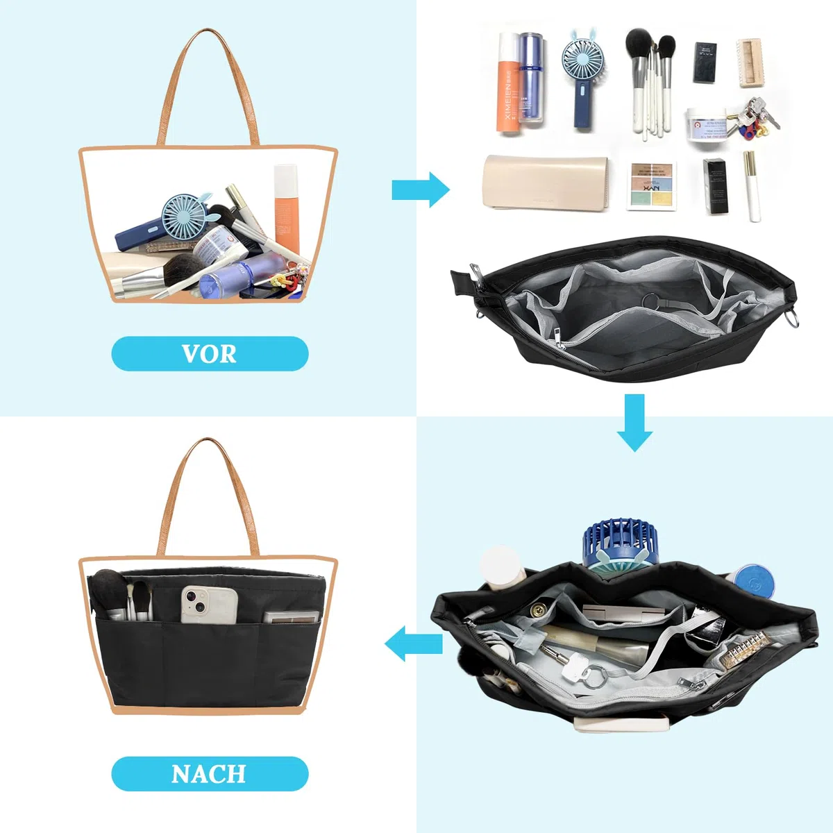 Grantop Organizer per Borse in Nylon e Feltro Con Portachiavi - Tasche Interne Con Catena (Nero M)