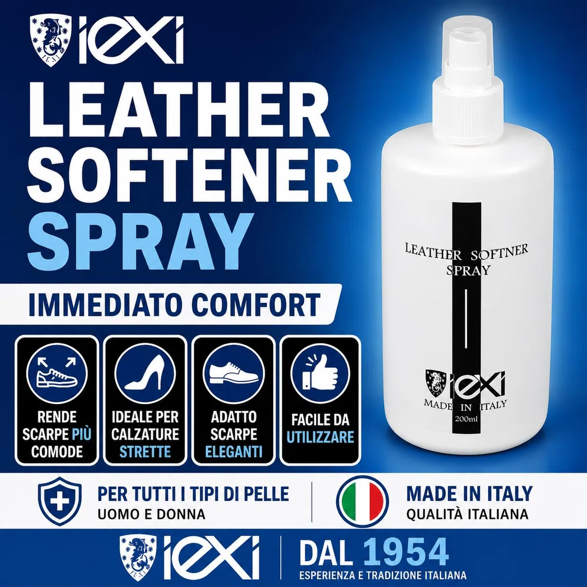 IEXI Leather Softner Allarga Scarpe Spray, Made in Italy - Formato 200 ml - Elasticizzante Istantaneo per tutti i tipi di Calzature Uomo e Donna in Vera Pelle - Ammorbidente Pelle Scarpe