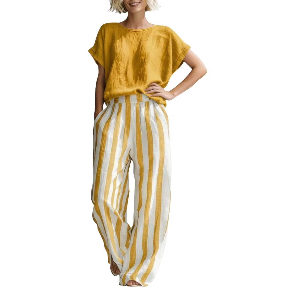 Completo Donna Elegante Completi Lino Estivo Tailleur Donna Estivo Relax Tuta Righe Pantalone Tempo Libero Slim Fit T-Shirt Coordinati Stile Boho Set da a Maniche Corte Abbinato Adatto All’Estate