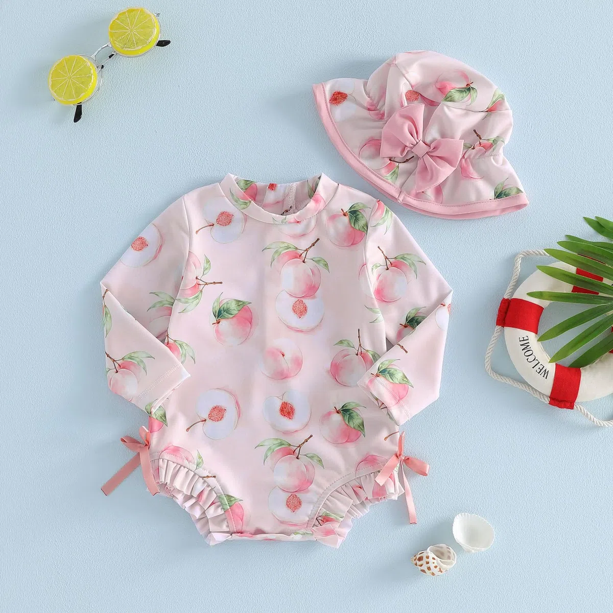Costume da Bagno Neonato Bambino Ragazza 1 Pezzo Body Tuta Anti-UV Manica Lunga Costume da Bagno Piscina Nuoto con Cappello da Sole