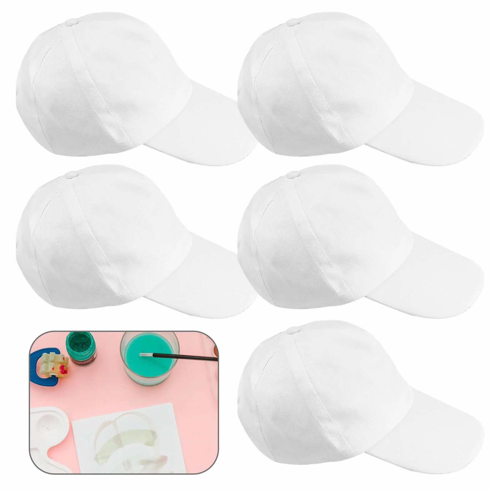 HASLED Cappello Baseball DIY, 5 Pezzi Berretto Uomo Bianco, Cappello con Visiera Uomo, Cappello con Fibbia di Regolazione Utilizzato per Feste Artistiche e Interazione Genitore Figlio