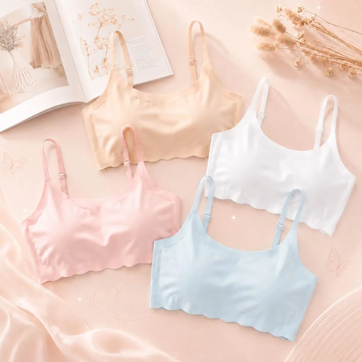 Confezione da 4 Reggiseni Sportivi Corti da Allenamento per Ragazze Intimo Morbido Senza Ferretto per 12-18 Anni Reggiseno Senza Cuciture con Imbottitura Rimovibile