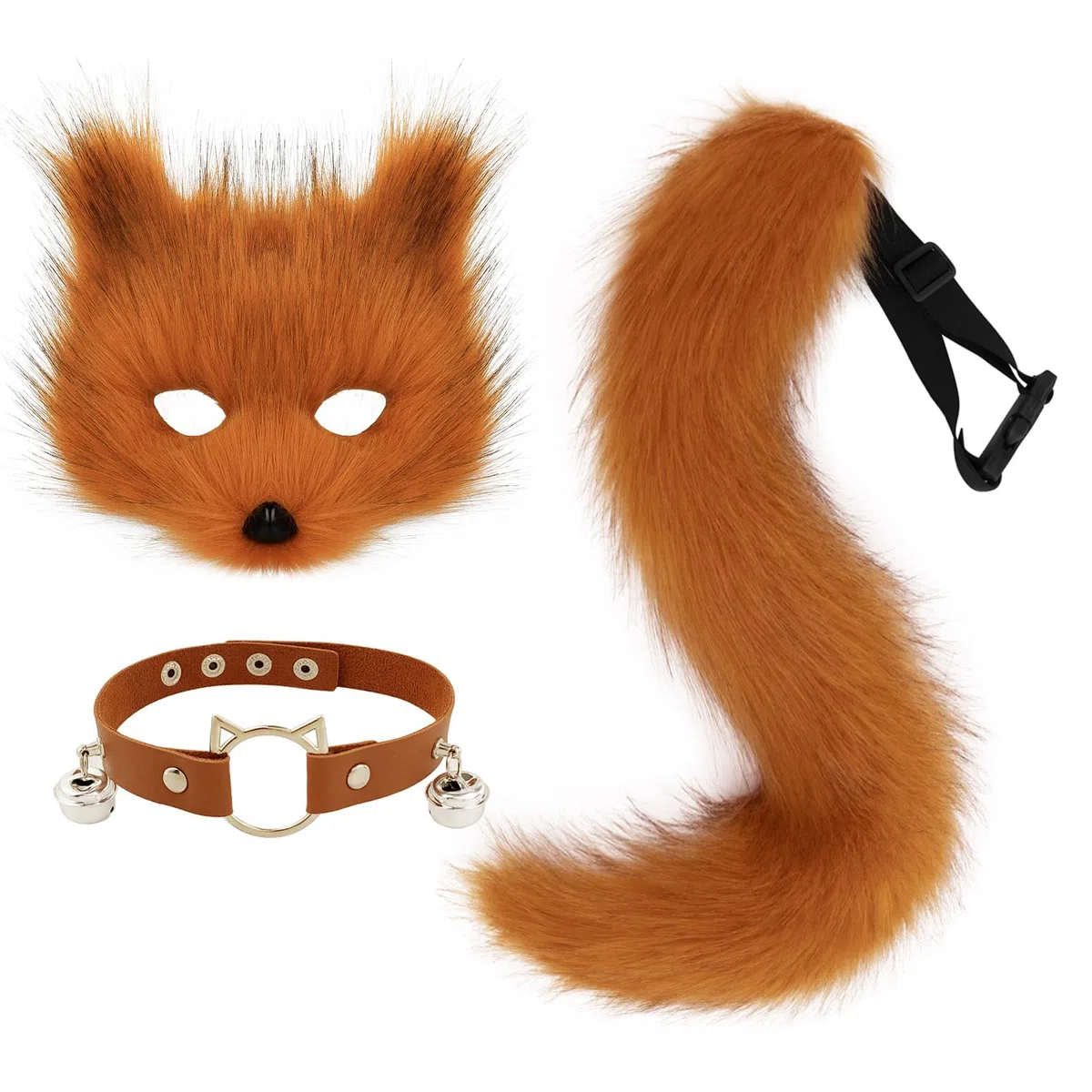 Set con maschera di volpe in finta pelliccia e coda di lupo e collana in pelle, accessorio per costume cosplay