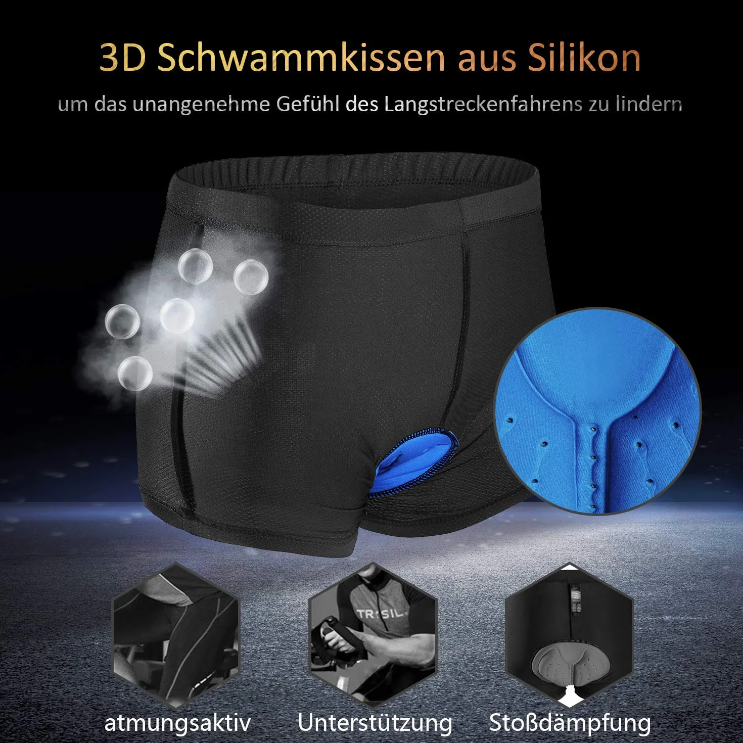 Mutande da ciclismo da uomo, imbottite, da ciclismo, con imbottitura imbottita, in gel 3D