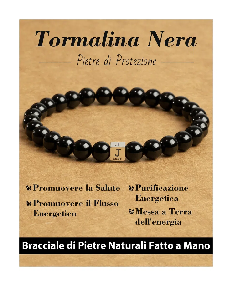 Bracciale di Pietre Naturali da Donna Uomo, Iniziale Braccialetti, Tormalina Nera da 6mm con Perline Alfabetiche in Argento 925, Regali Creativi Personalizzati. Lettera A-Z
