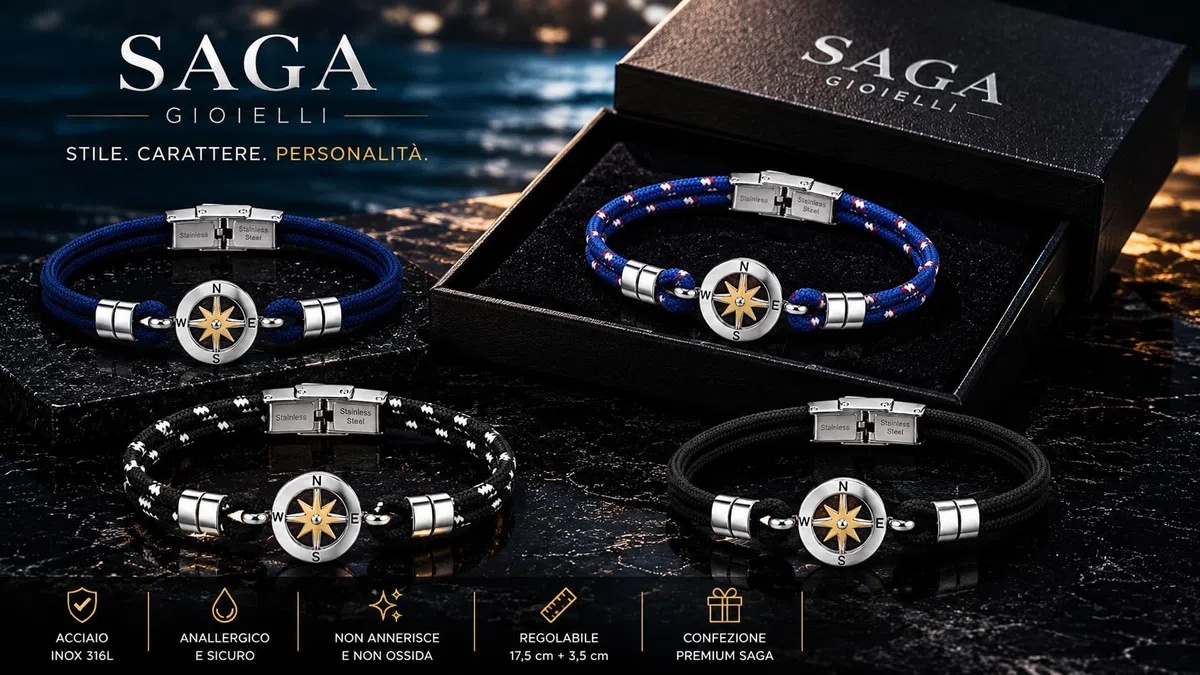 SAGA GIOIELLI® Bracciale Uomo Rosa Dei Venti Moda Nautica Acciaio