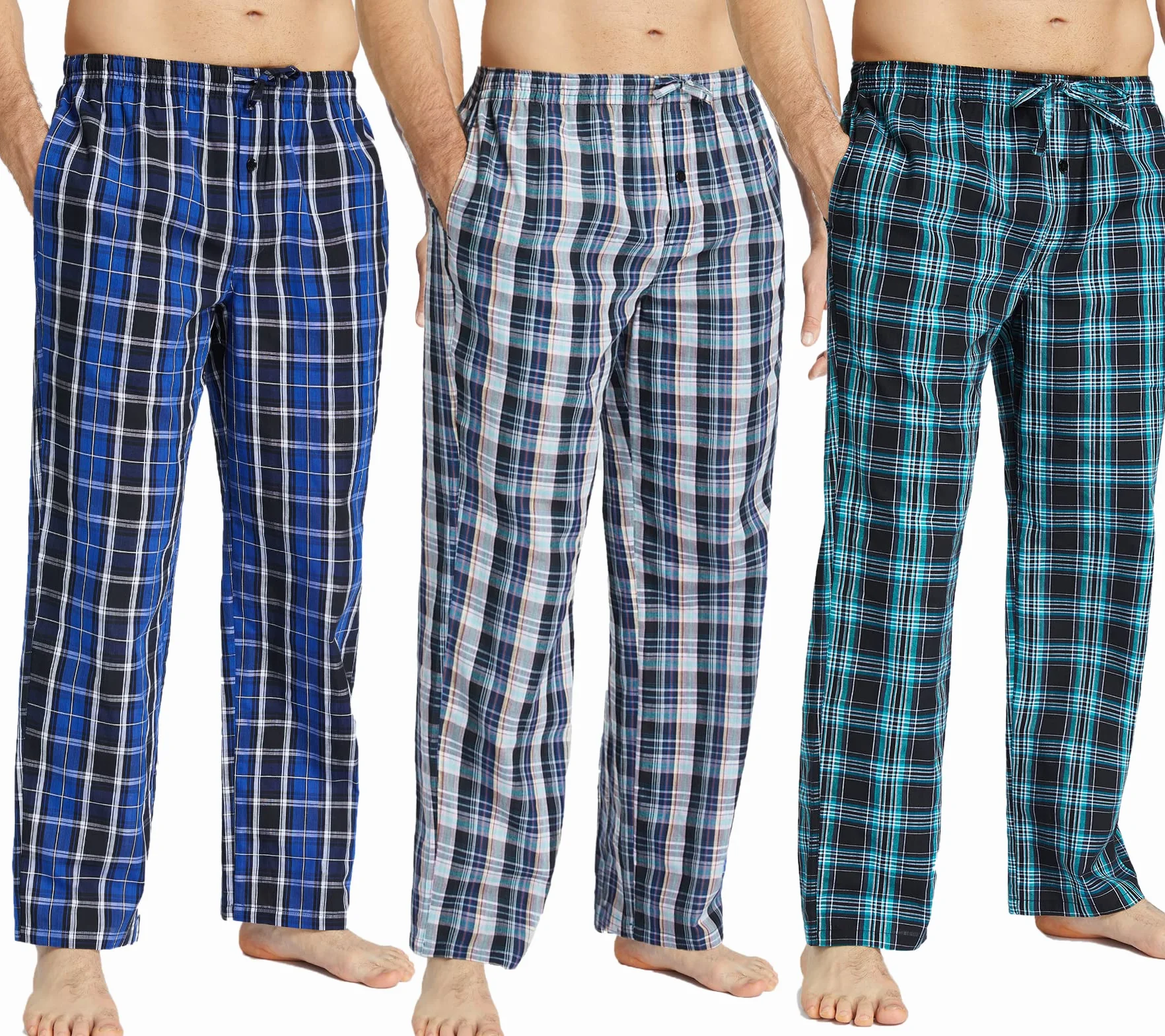 Pantaloni del Pigiama da Uomo in Cotone, con Fantasia a Quadri, con Tasche e Bottoni, Confezione da 3 pezzi