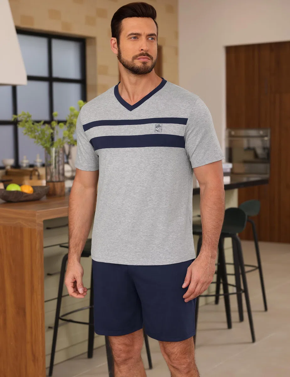 Marvmys Pigiama Uomo Estivi Corto Cotone Leggero Pigiami Due Pezzi Maniche Corte Scollo a V T-Shirt e Pantaloncini S-3XL