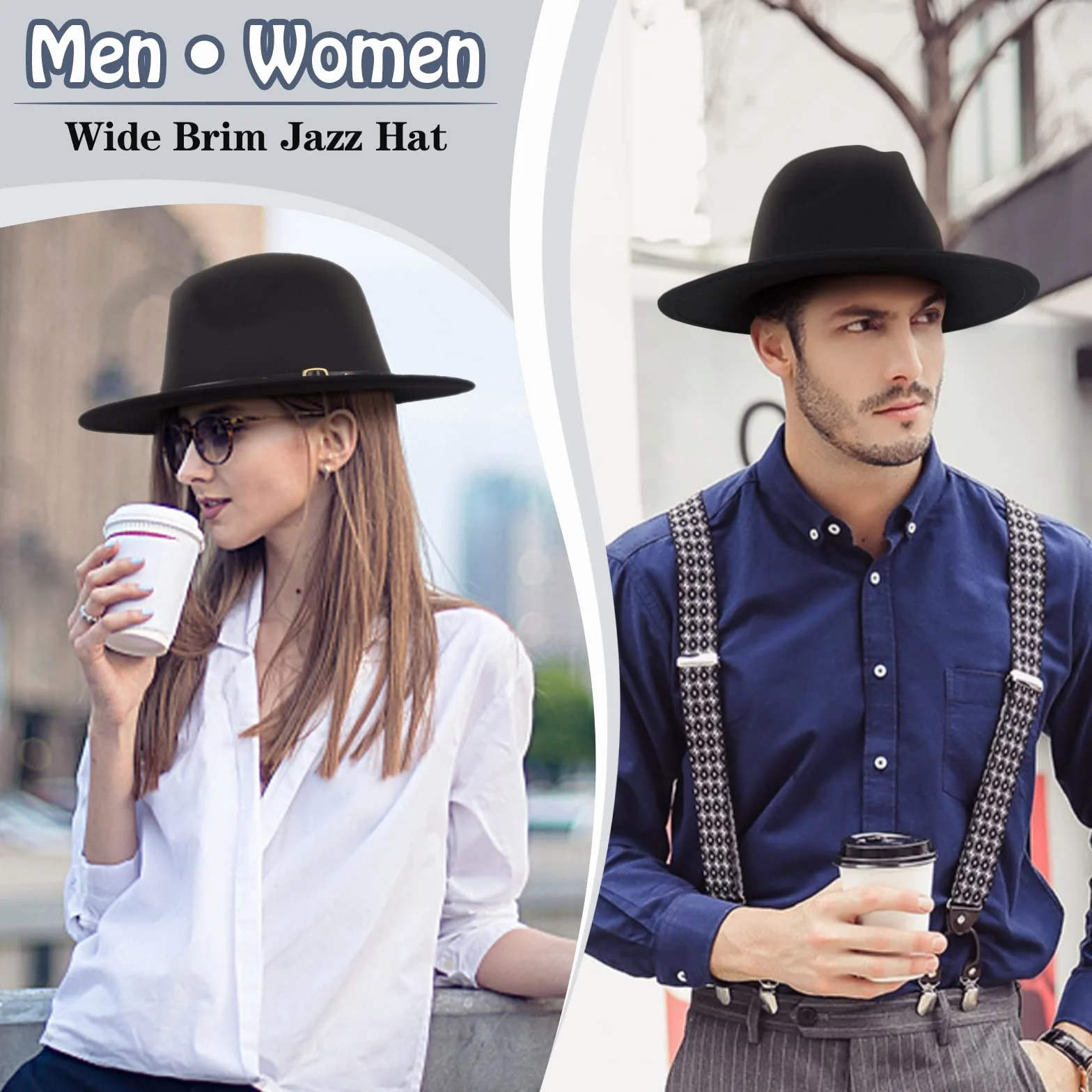 Uomo Donna Cappello Fedora Jazz Trilby Berretti Cappelli a Tesa Larga - Cappello in Feltro Autunno Inverno Regolabile 56-58CM