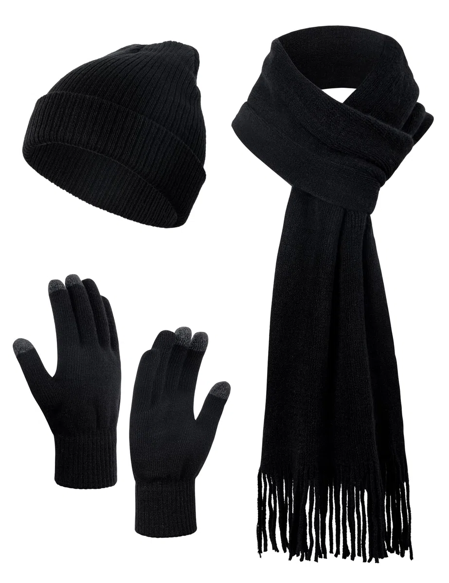 Kiiwah 3 In 1 Invernale Cappello, Sciarpa, Guanti Touch Screen Set per Uomo e Donna, Classico Semplice Nero, Termici Berretto, Elasticità Guanti, Morbido Cachemire Sciarpa con Frange Set per Outdoor