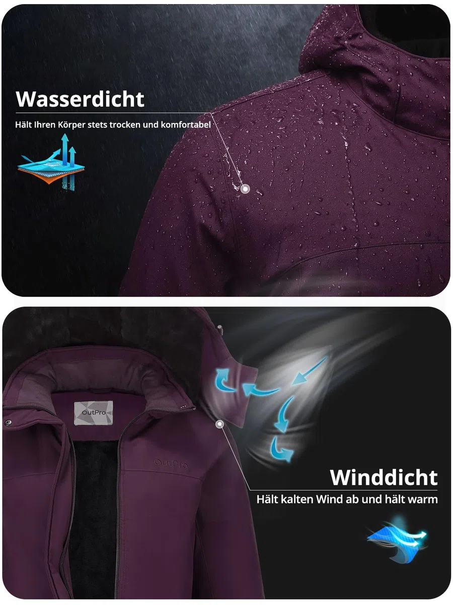 OutPro Giacca da sci invernale da donna, in pile caldo, impermeabile, da snowboard