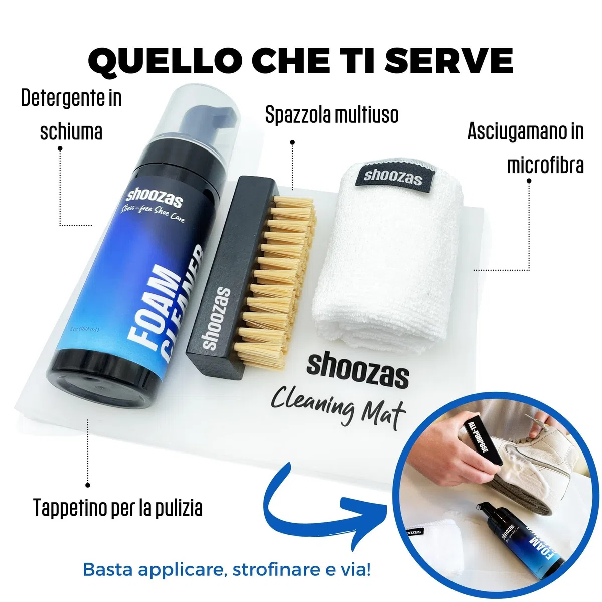 Shoozas - Kit di Pulizia Sneakers - Detergente in Schiuma, Tappetino Impermeabile, Spazzola e Asciugamano in Microfibra - Ideale per Pelle, Gomma, Plastica e Suole - Senza Acqua, Senza Tossici