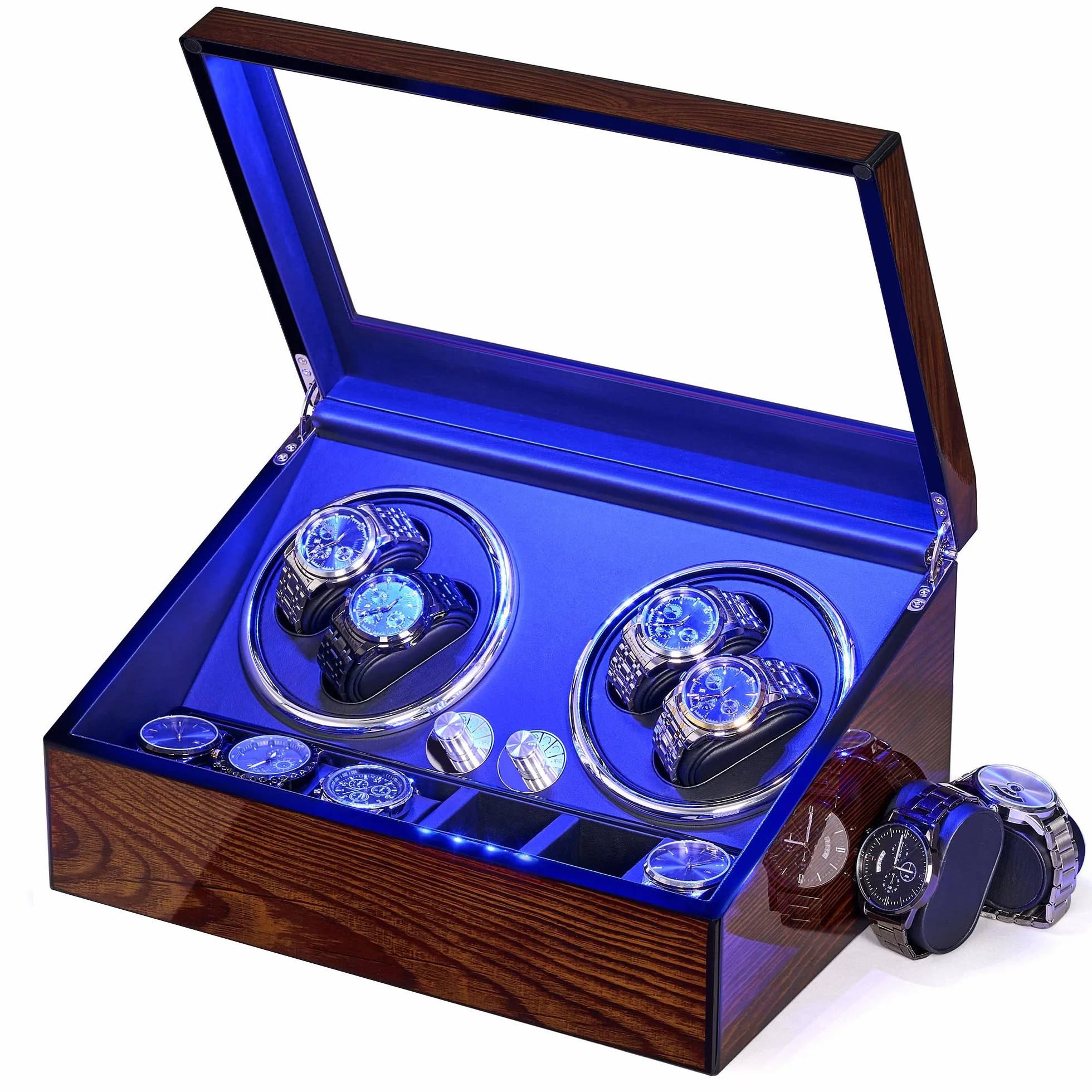 BEWISHOME Caricatore per Orologi Automatici e Meccanici, Scatola Carica con Luce LED, 4 Rotatori Ultra-Silenziosi e 6 Extra Stoccaggio, Watch Winder ESYQ01Y