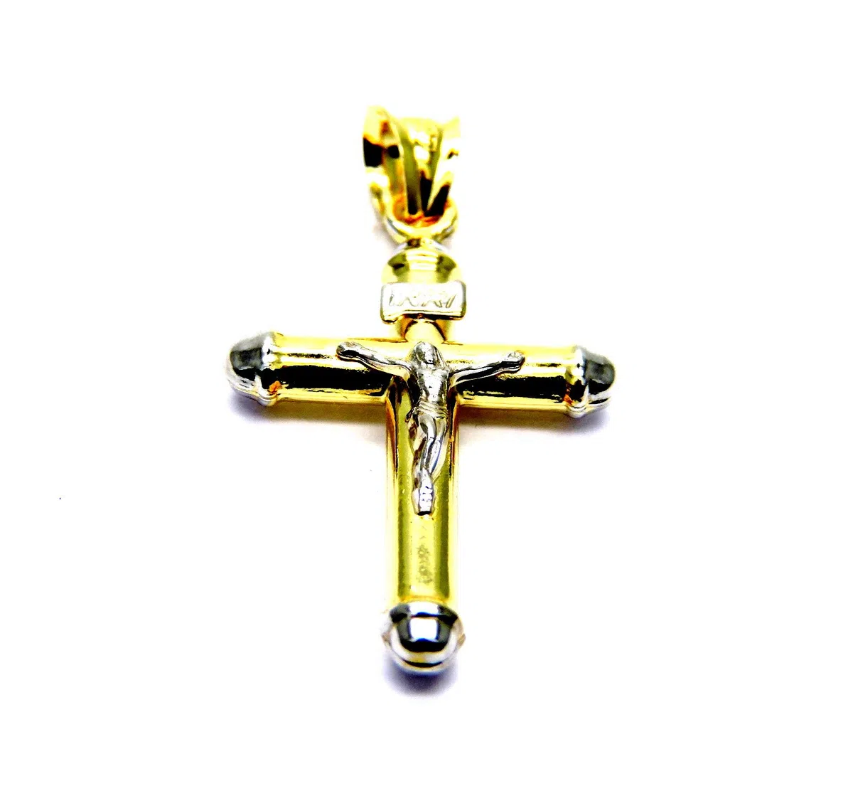 Ciondolo da Uomo in Oro Giallo e Bianco 18Kt (750) Pendente Religioso Croce Cristo Cappucci Bicolore