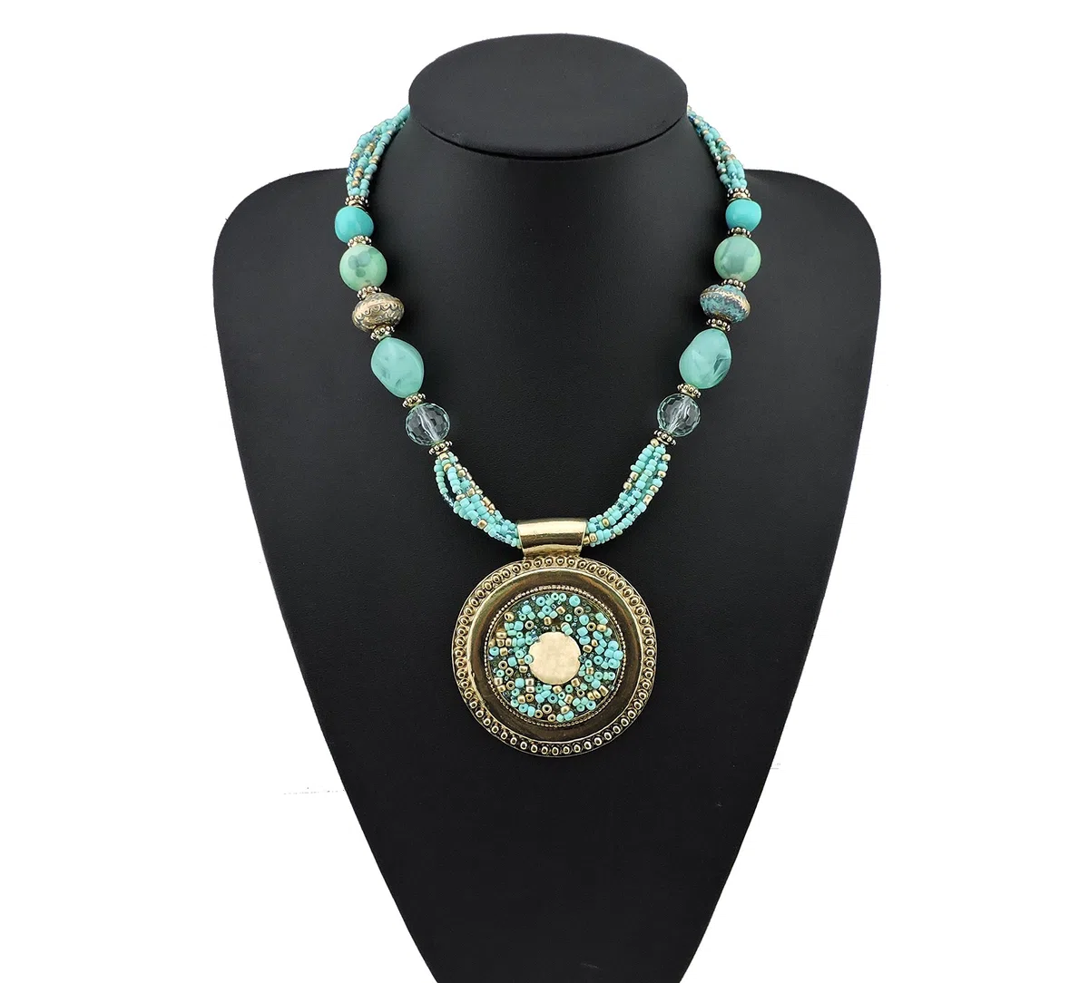 BOCAR - collana esclusiva con perline color acquamarina, vistosa, con ciondolo, stile antico, dorata (NK-10343)