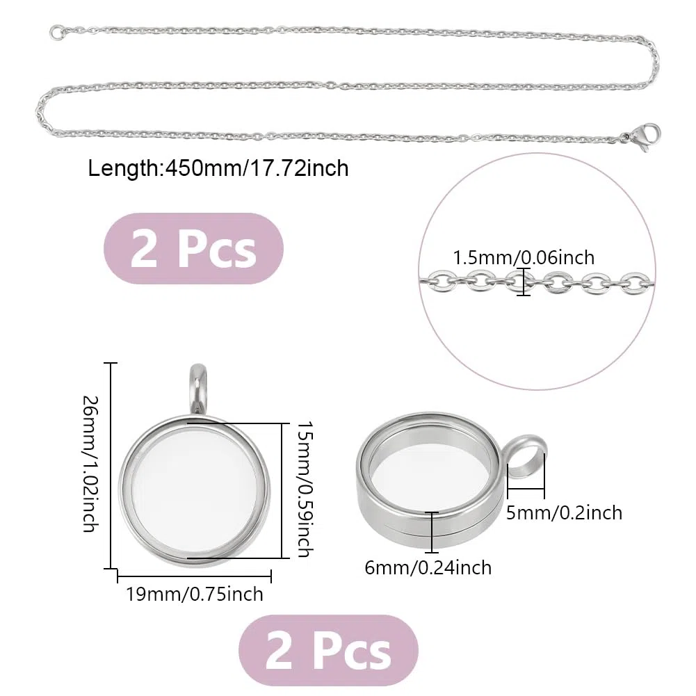 UNICRAFTALE Set di 2 medaglioni con collana da 45 cm, in acciaio inox, con medaglione galleggiante, ciondolo a forma di memoria, 15 mm, grande medaglione per cornici per la creazione di gioielli
