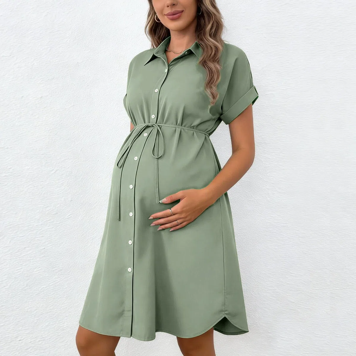 Abito al Ginocchio Premaman Donna Vestiti a Maniche Corte Abiti Colletto con Revers Vestito Monopetto Abito con Cintura Gonna Elasticizzato Vestiti Morbido Confortevole Abbigliamento