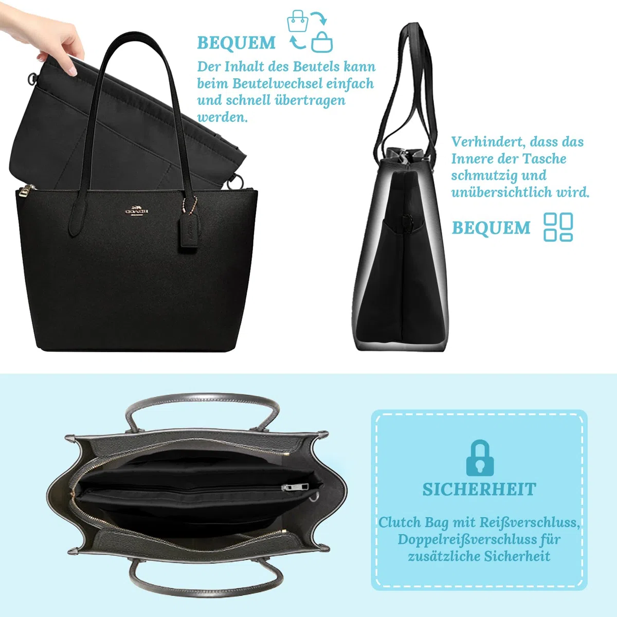 Grantop Organizer per Borse in Nylon e Feltro Con Portachiavi - Tasche Interne Con Catena (Nero M)
