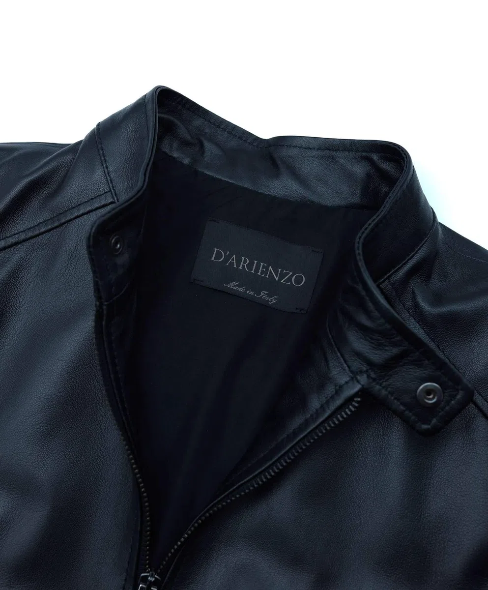 D'Arienzo Giacca Pelle Blu Uomo Giubbino Biker Vera Pelle Made in Italy Ted