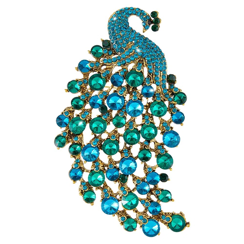 SUPERFINDINGS Spilla a forma di pavone verde smeraldo con strass, elegante spilla a forma di pavone, con uccello di cristallo, vintage, alla moda, per matrimonio, Natale, compleanno, smeraldo/rosso