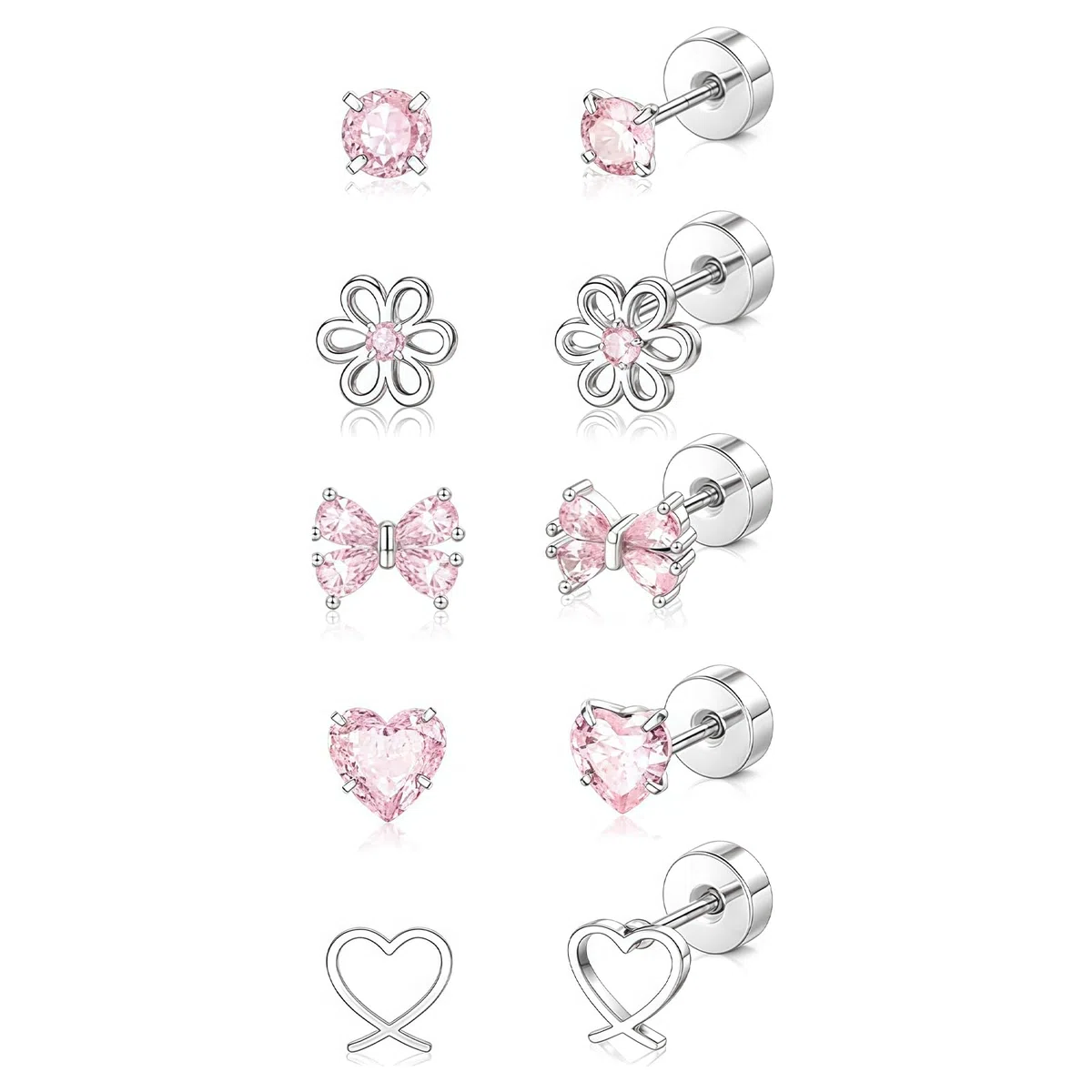 5 paia di orecchini per bambine, orecchini ipoallergenici per bambini neonati donne, leggeri in acciaio chirurgico fiocco rosa farfalla cuore fiore orecchini piatti