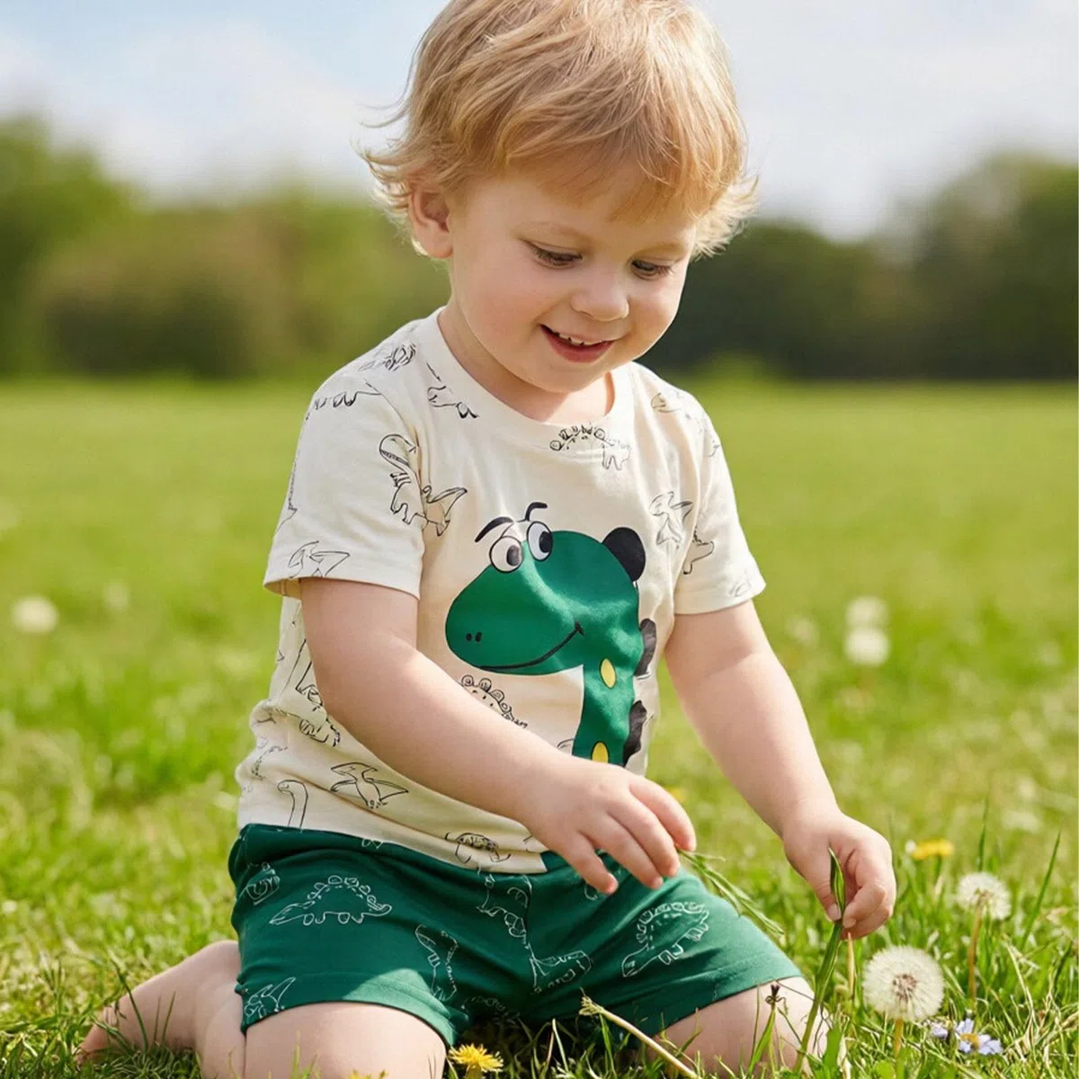 2 Pezzi Completi per Bambino Neonato Set di Vestiti Estivi Maglietta Top con Dinosauro da Maniche Corte e Pantaloncini Felpa Tuta per Bambini