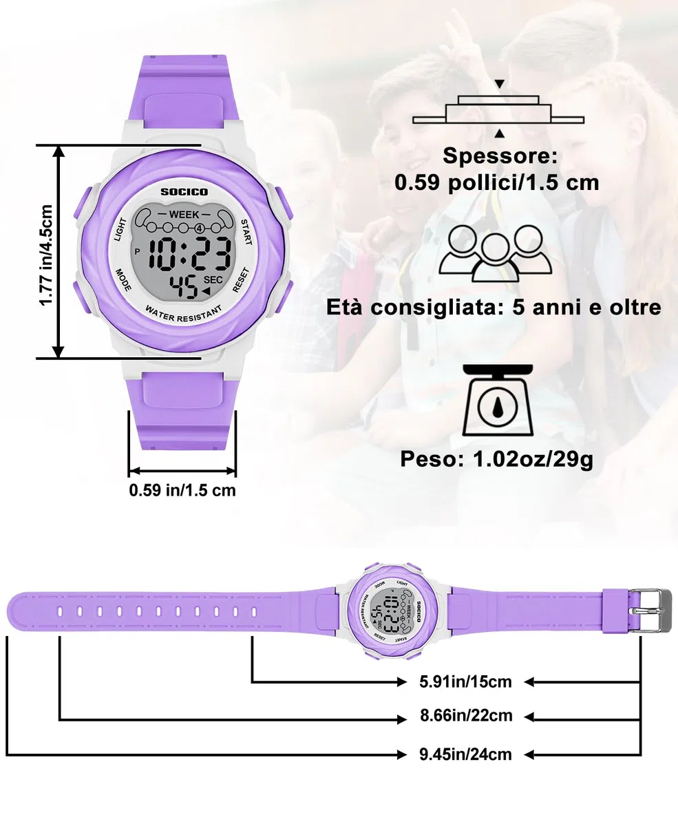 SOCICO Orologio digitale per bambini, resistente all'acqua 5ATM, orologio per bambini illuminato a 7 colori con sveglia e cronometro per bambine e bambini dai 5 ai 12 anni.