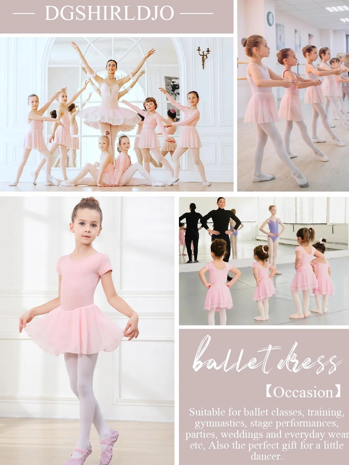 Ragazza Vestito da Balletto Danza Tutu Corpo Ginnastica Cotone Manica Corta con Chiffon Gonna
